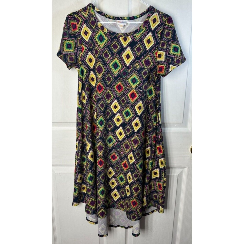 LuLaRoe Carly Dress Women's XXS Bright Multi High-Low Hem Easy Care Comfort